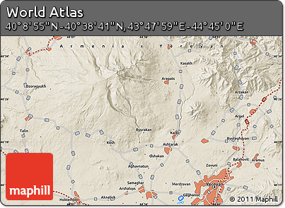 Shaded Relief Map of the Area around 40° 23' 48" N, 44° 16' 29" E