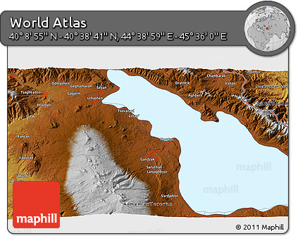 Physical 3D Map of the Area around 40° 23' 48" N, 45° 7' 30" E