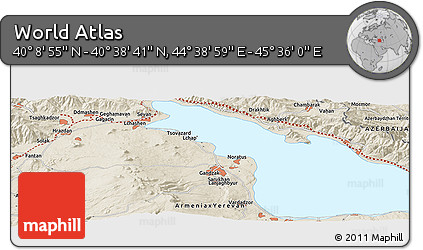 Shaded Relief Panoramic Map of the Area around 40° 23' 48" N, 45° 7' 30" E
