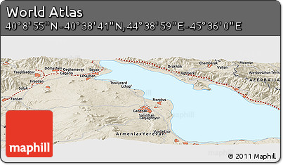 Shaded Relief Panoramic Map of the Area around 40° 23' 48" N, 45° 7' 30" E