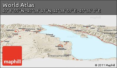 Shaded Relief Panoramic Map of the Area around 40° 23' 48" N, 45° 7' 30" E