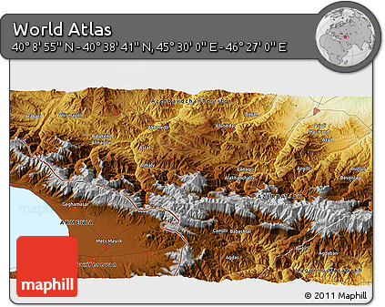 Physical 3D Map of the Area around 40° 23' 48" N, 45° 58' 30" E