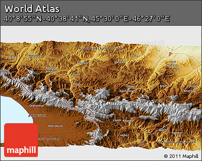 Physical 3D Map of the Area around 40° 23' 48" N, 45° 58' 30" E