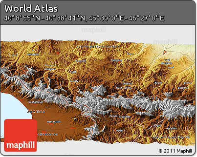 Physical 3D Map of the Area around 40° 23' 48" N, 45° 58' 30" E