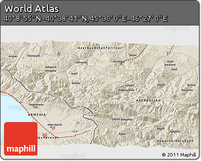 Shaded Relief 3D Map of the Area around 40° 23' 48" N, 45° 58' 30" E