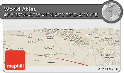 Shaded Relief Panoramic Map of the Area around 40° 23' 48" N, 48° 31' 29" E