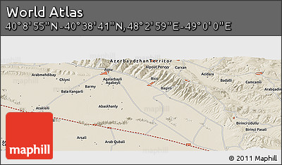 Shaded Relief Panoramic Map of the Area around 40° 23' 48" N, 48° 31' 29" E