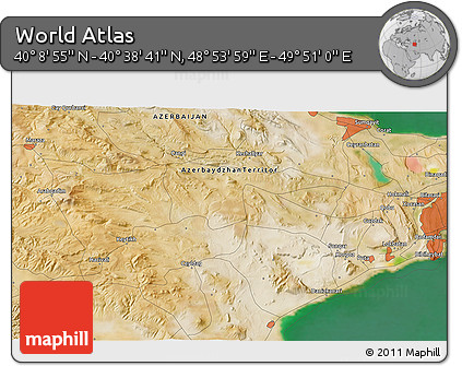 Satellite 3D Map of the Area around 40° 23' 48" N, 49° 22' 30" E