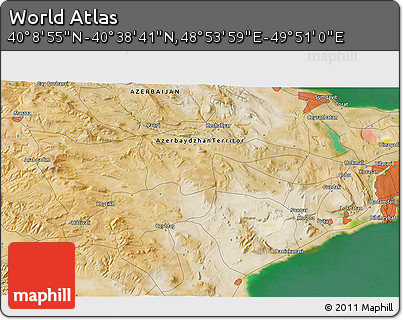 Satellite 3D Map of the Area around 40° 23' 48" N, 49° 22' 30" E