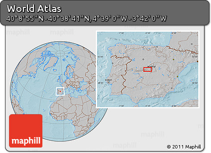 Gray Location Map of the Area around 40° 23' 48" N, 4° 10' 30" W, hill shading