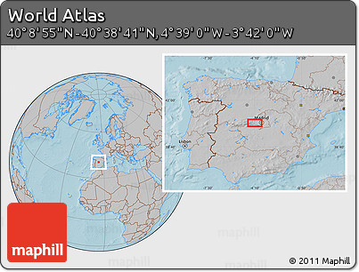 Gray Location Map of the Area around 40° 23' 48" N, 4° 10' 30" W, hill shading
