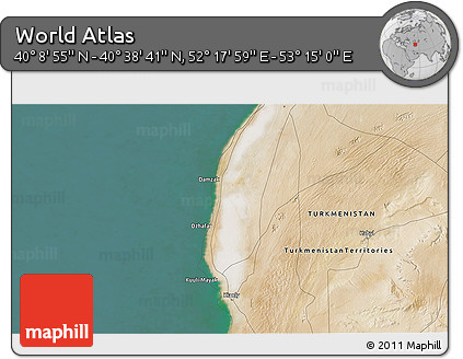 Satellite 3D Map of the Area around 40° 23' 48" N, 52° 46' 29" E