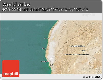 Satellite 3D Map of the Area around 40° 23' 48" N, 52° 46' 29" E