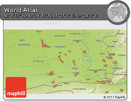 Physical 3D Map of the Area around 40° 23' 48" N, 68° 55' 30" E