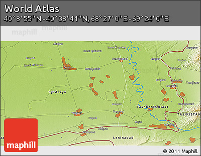 Physical 3D Map of the Area around 40° 23' 48" N, 68° 55' 30" E
