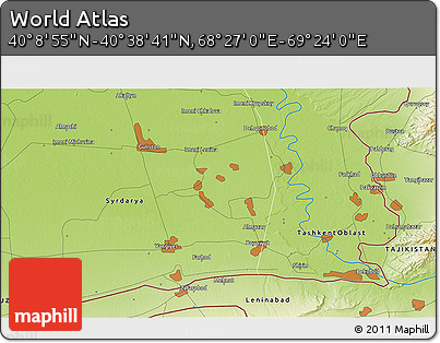 Physical 3D Map of the Area around 40° 23' 48" N, 68° 55' 30" E