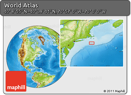 Physical Location Map of the Area around 40° 23' 48" N, 70° 28' 29" W