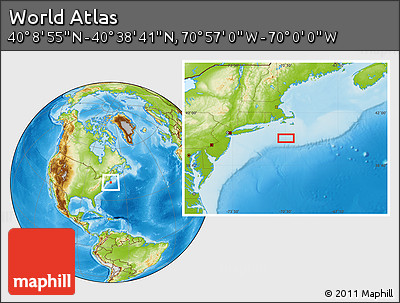Physical Location Map of the Area around 40° 23' 48" N, 70° 28' 29" W