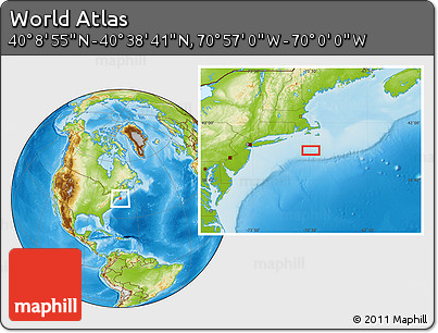 Physical Location Map of the Area around 40° 23' 48" N, 70° 28' 29" W