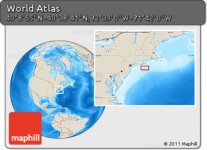 Shaded Relief Location Map of the Area around 40° 23' 48" N, 72° 10' 30" W