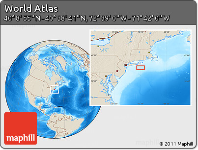 Shaded Relief Location Map of the Area around 40° 23' 48" N, 72° 10' 30" W