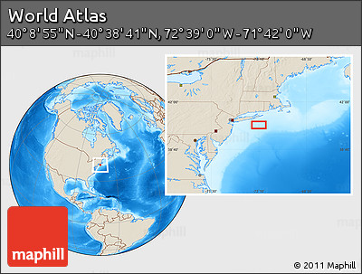 Shaded Relief Location Map of the Area around 40° 23' 48" N, 72° 10' 30" W
