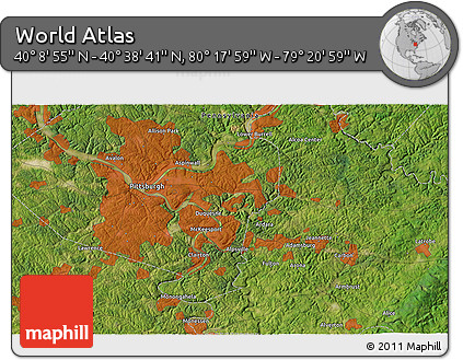 Satellite 3D Map of the Area around 40° 23' 48" N, 79° 49' 29" W