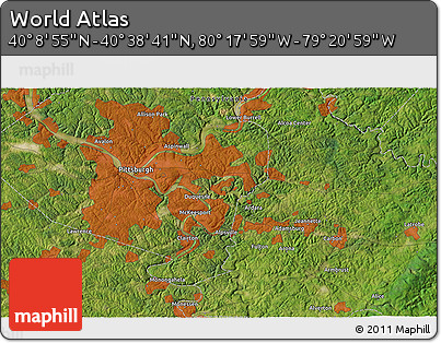 Satellite 3D Map of the Area around 40° 23' 48" N, 79° 49' 29" W