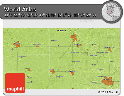 Physical 3D Map of the Area around 40° 23' 48" N, 85° 46' 30" W