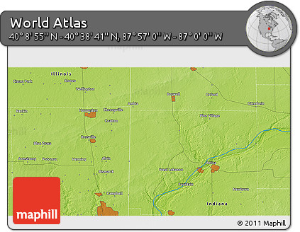 Physical 3D Map of the Area around 40° 23' 48" N, 87° 28' 29" W