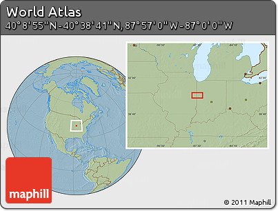 Savanna Style Location Map of the Area around 40° 23' 48" N, 87° 28' 29" W, hill shading