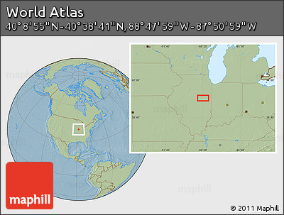 Savanna Style Location Map of the Area around 40° 23' 48" N, 88° 19' 29" W, hill shading