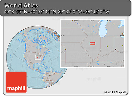 Gray Location Map of the Area around 40° 23' 48" N, 89° 10' 30" W, hill shading