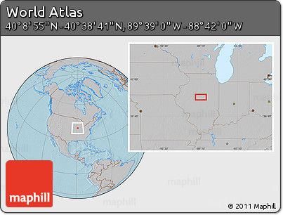 Gray Location Map of the Area around 40° 23' 48" N, 89° 10' 30" W, hill shading