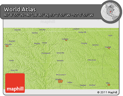 Physical 3D Map of the Area around 40° 23' 48" N, 92° 34' 29" W