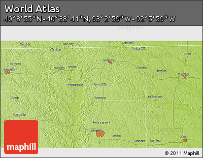 Physical 3D Map of the Area around 40° 23' 48" N, 92° 34' 29" W