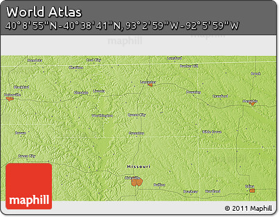 Physical 3D Map of the Area around 40° 23' 48" N, 92° 34' 29" W