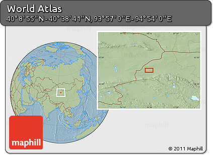 Savanna Style Location Map of the Area around 40° 23' 48" N, 94° 25' 30" E, hill shading