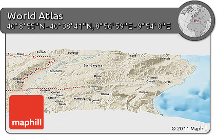 Shaded Relief Panoramic Map of the Area around 40° 23' 48" N, 9° 25' 30" E