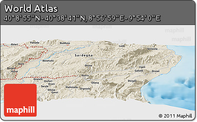 Shaded Relief Panoramic Map of the Area around 40° 23' 48" N, 9° 25' 30" E