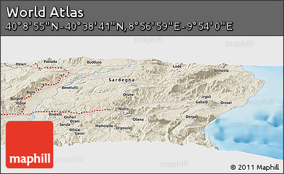 Shaded Relief Panoramic Map of the Area around 40° 23' 48" N, 9° 25' 30" E
