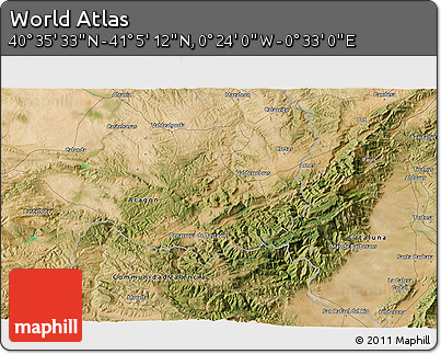 Satellite 3D Map of the Area around 40° 50' 23" N, 0° 4' 30" E