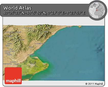 Satellite 3D Map of the Area around 40° 50' 23" N, 0° 55' 29" E