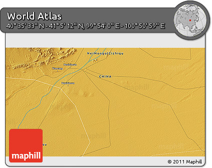 Physical 3D Map of the Area around 40° 50' 23" N, 100° 22' 30" E