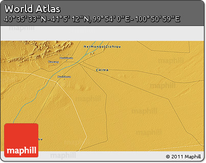 Physical 3D Map of the Area around 40° 50' 23" N, 100° 22' 30" E