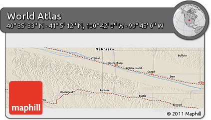 Shaded Relief Panoramic Map of the Area around 40° 50' 23" N, 100° 13' 29" W