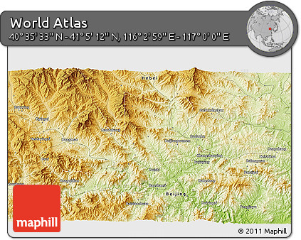Physical 3D Map of the Area around 40° 50' 23" N, 116° 31' 30" E