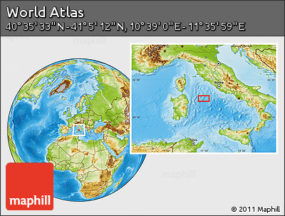 Physical Location Map of the Area around 40° 50' 23" N, 11° 7' 30" E