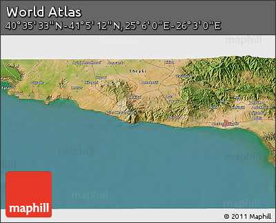 Satellite 3D Map of the Area around 40° 50' 23" N, 25° 34' 30" E