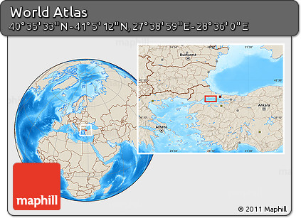 Shaded Relief Location Map of the Area around 40° 50' 23" N, 28° 7' 30" E